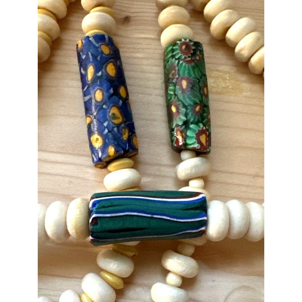 Millefiori Venetian Trade Bead Necklace Vintage African Carved Tribal - Picture 4 of 10